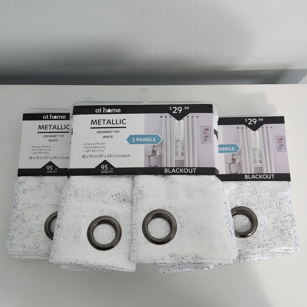 Set of 3 Metallic Silver & White Blackout Curtains